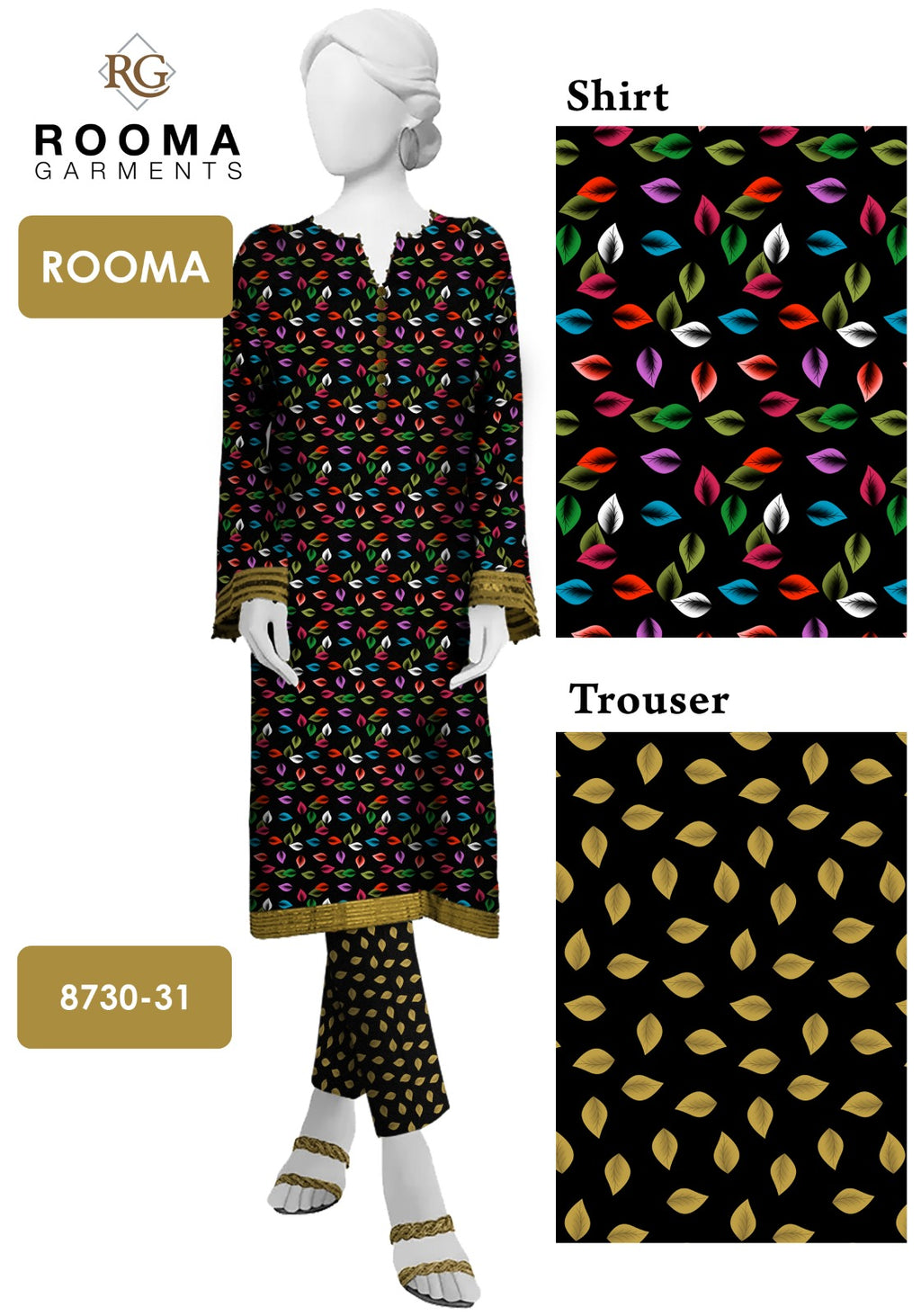 Unstitched Women’s Polo Cotton 2 Piece Suit – Black & Blue Printed Shirt & Trouser | Year-Round Wear