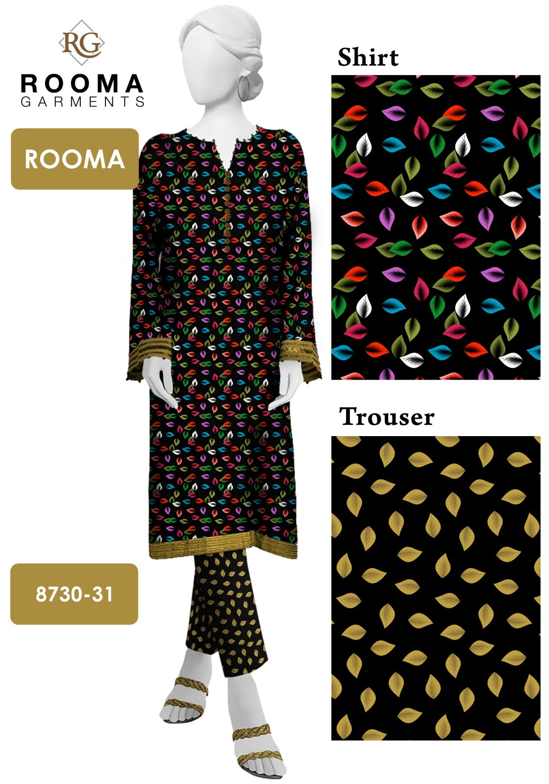 Unstitched Women’s Polo Cotton 2 Piece Suit – Black & Blue Printed Shirt & Trouser | Year-Round Wear