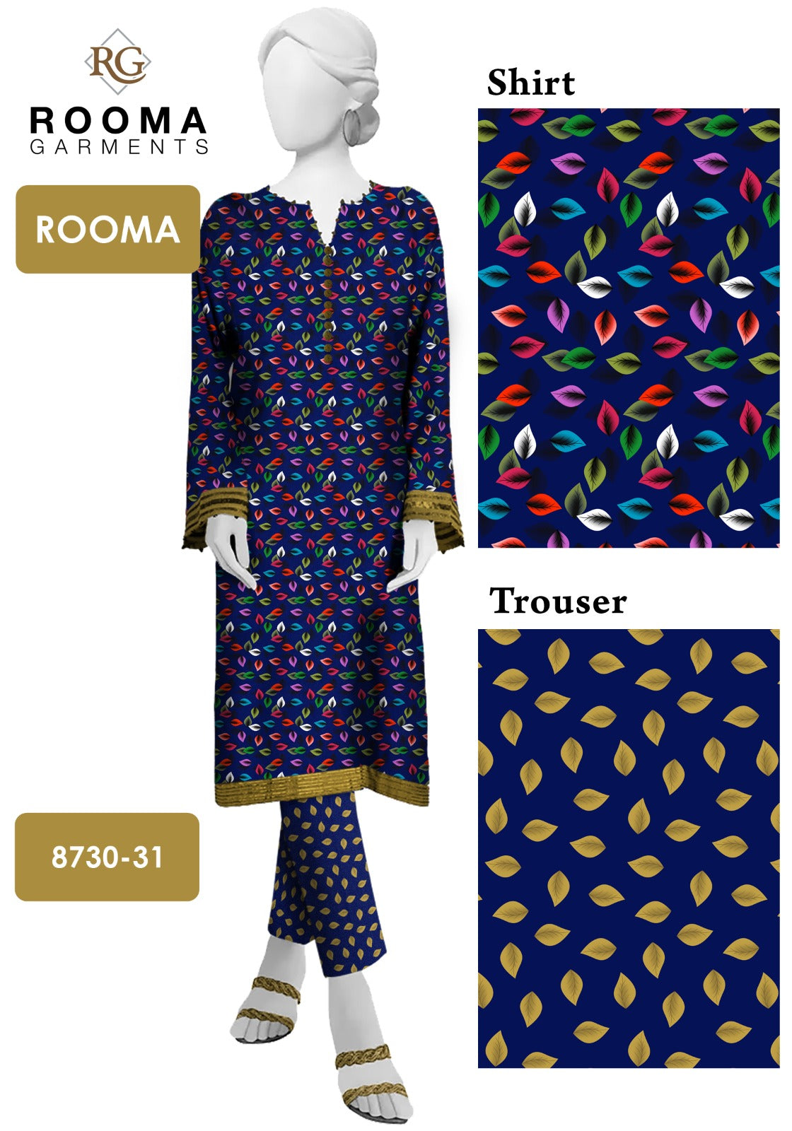 Unstitched Women’s Polo Cotton 2 Piece Suit – Black & Blue Printed Shirt & Trouser | Year-Round Wear